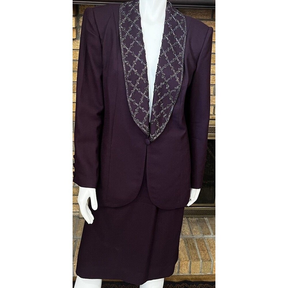 John Meyer of Norwich Plum 2 Piece Skirt Suit Size 16 Removable Sequined Collar
